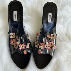 Prada Black and Pink Heels with Floral Embellishments